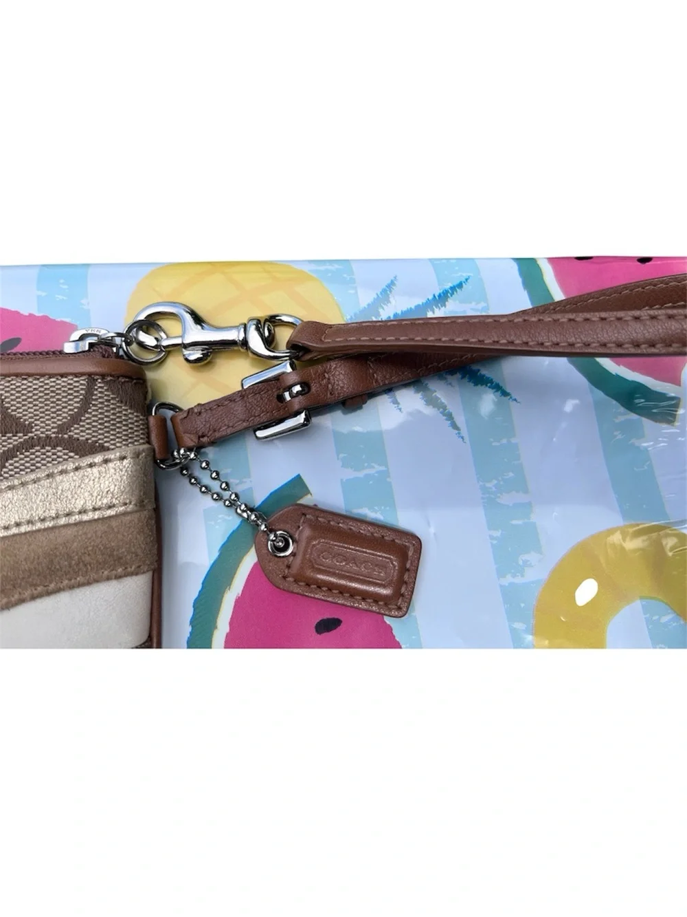 Coach Signature Patchwork Wristlet Brown Gold Suede Leather